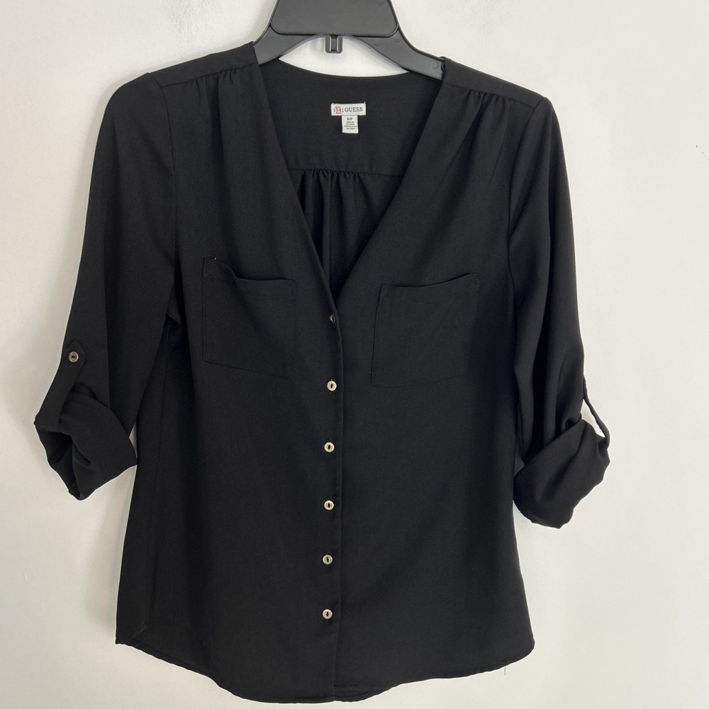 Guess Sz SP Black Long Sleeve/Rolled Tab Button-Down V-Neck Blouse Office Wear